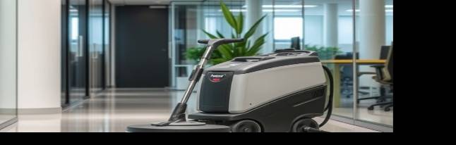 Professional cleaning service using a polishing unit in an office area.