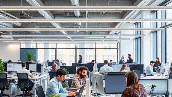 Agency workspace featuring professionals at work stations collaborating effectively.